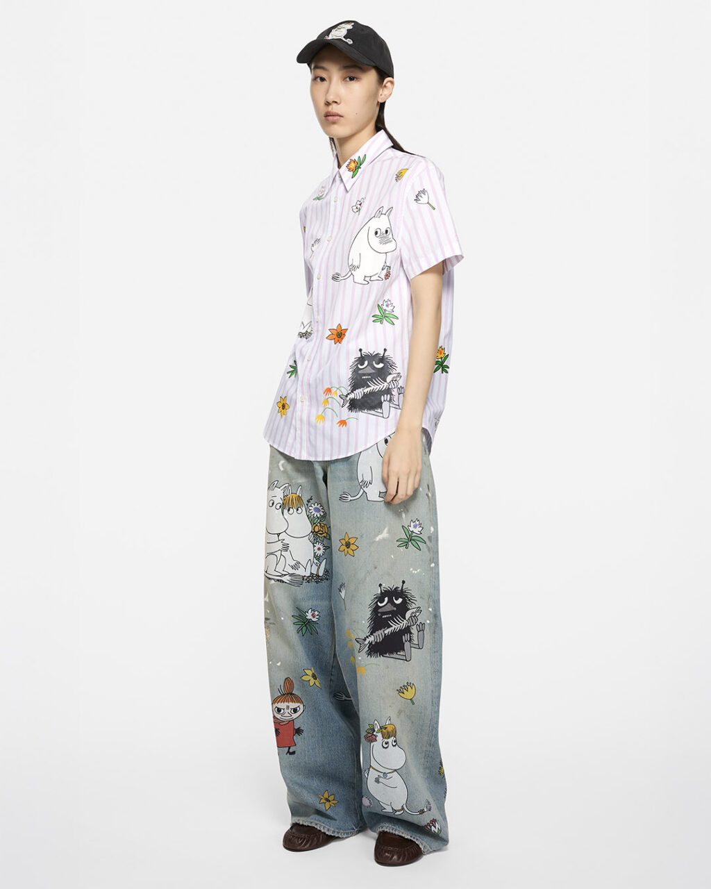 pink shirt, patchwork jeans