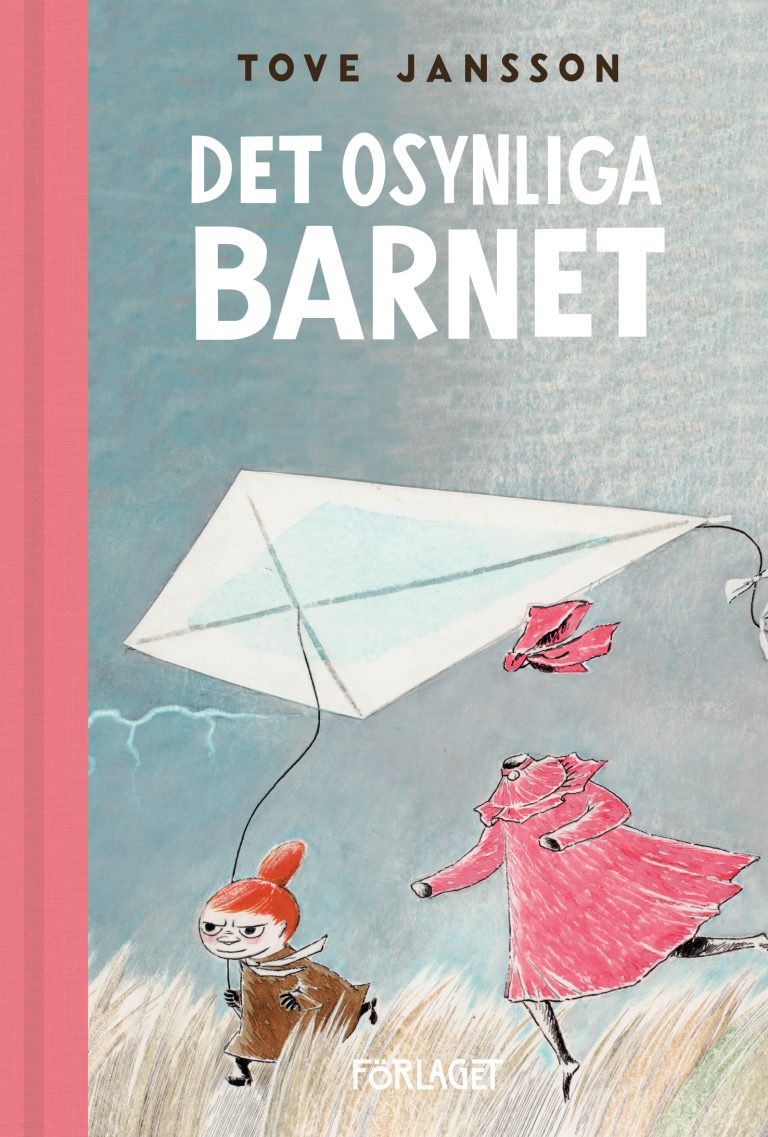 Cover of the seventh Moomin book Tales from Moominvalley with a light grey-green background and Little My and the Invisible Child running with a kite in the foreground.