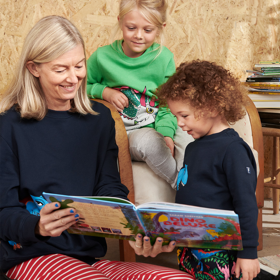 Sarah Sheppard reading Dino Deluxe for two children