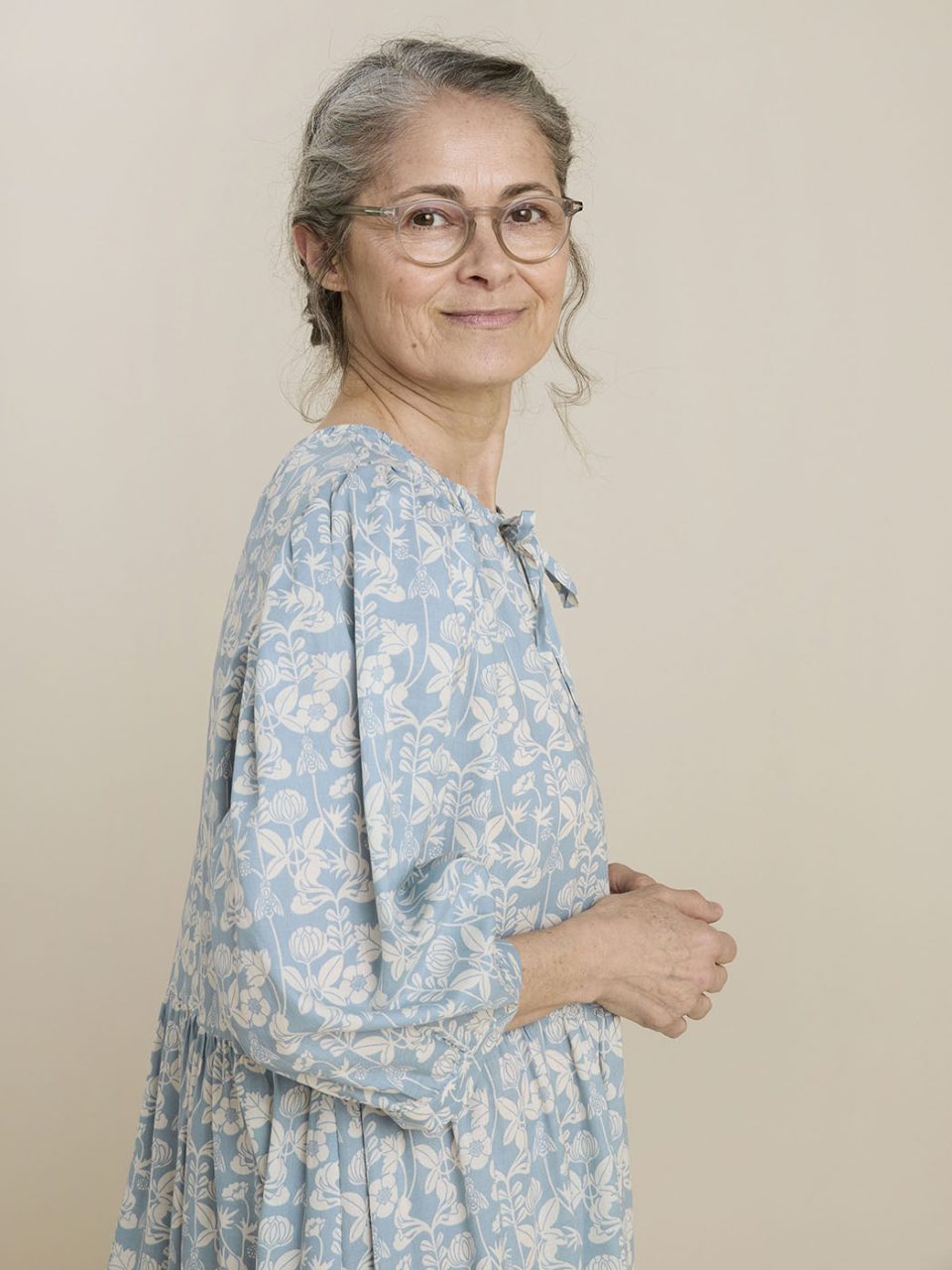 woman wearing blue dress