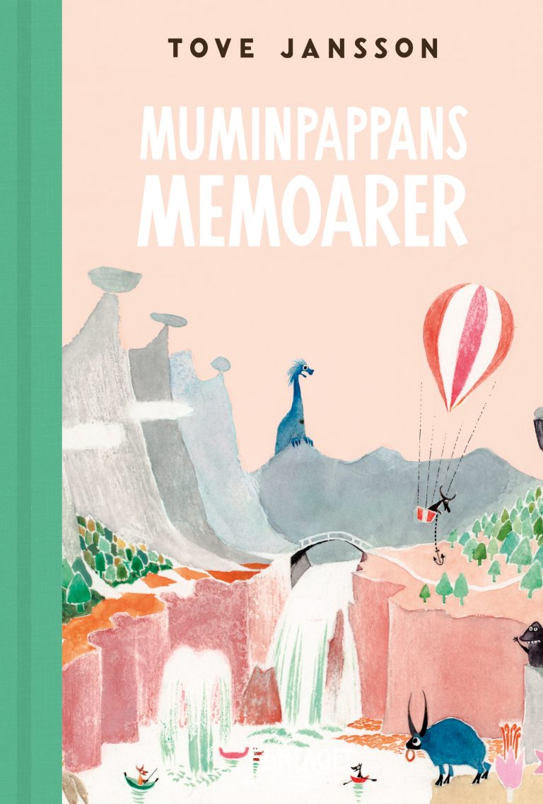 Cover of the fourth Moomin book Memoirs of Moominpappa with a pastel coral background and light grey, red, and white foreground with different creatures around the scene.