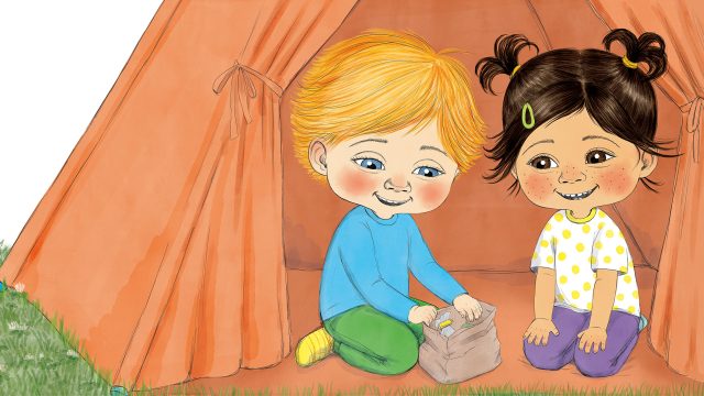 Illustration of Vera and Ville sitting in a tent