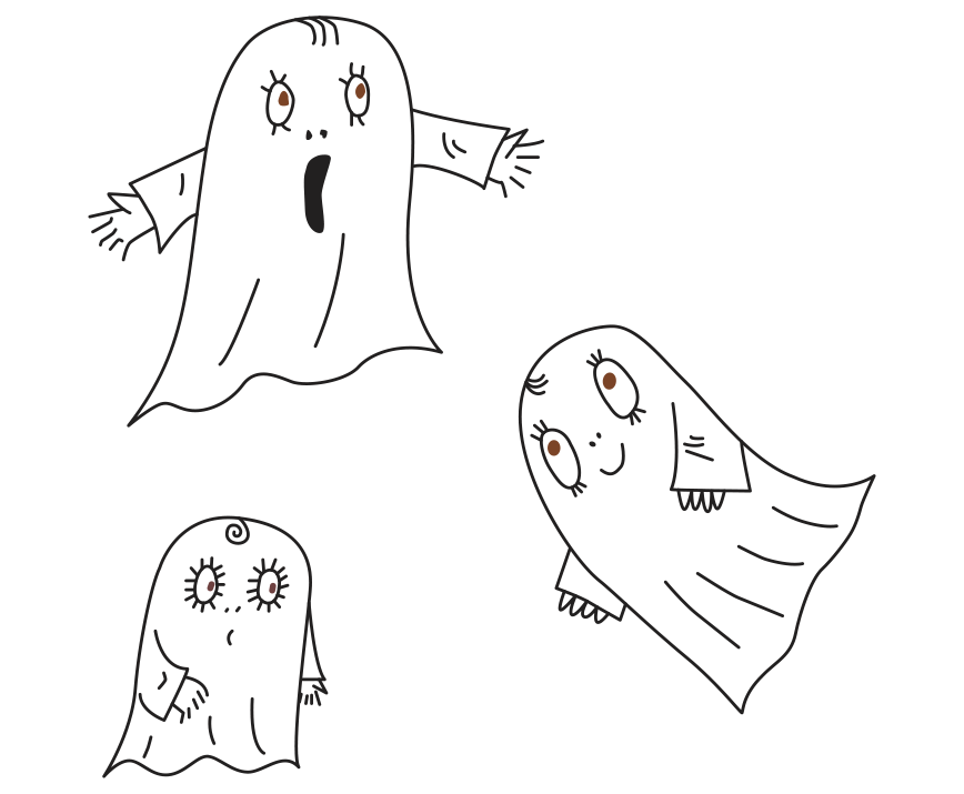 Three illustrated ghosts